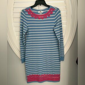 Vineyard Vines XS Wool sweater dress blue/white stripes wpink floral embroidery